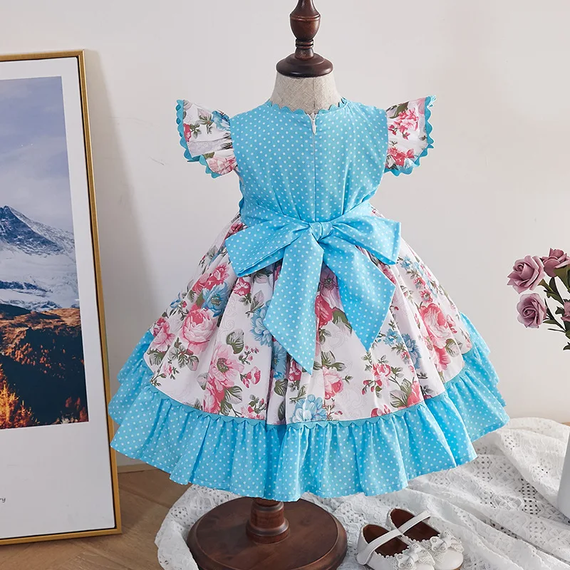 

Kids Dresses for Girls Spanish Children Boutique Clothing Toddler Floral Frocks Baby Ruffle Sleeve Vintage YJ055