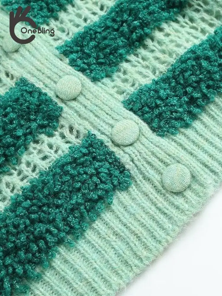 Женский ажурный кардиган OneBling вязаный Зеленый однобортный свитер в полоску с