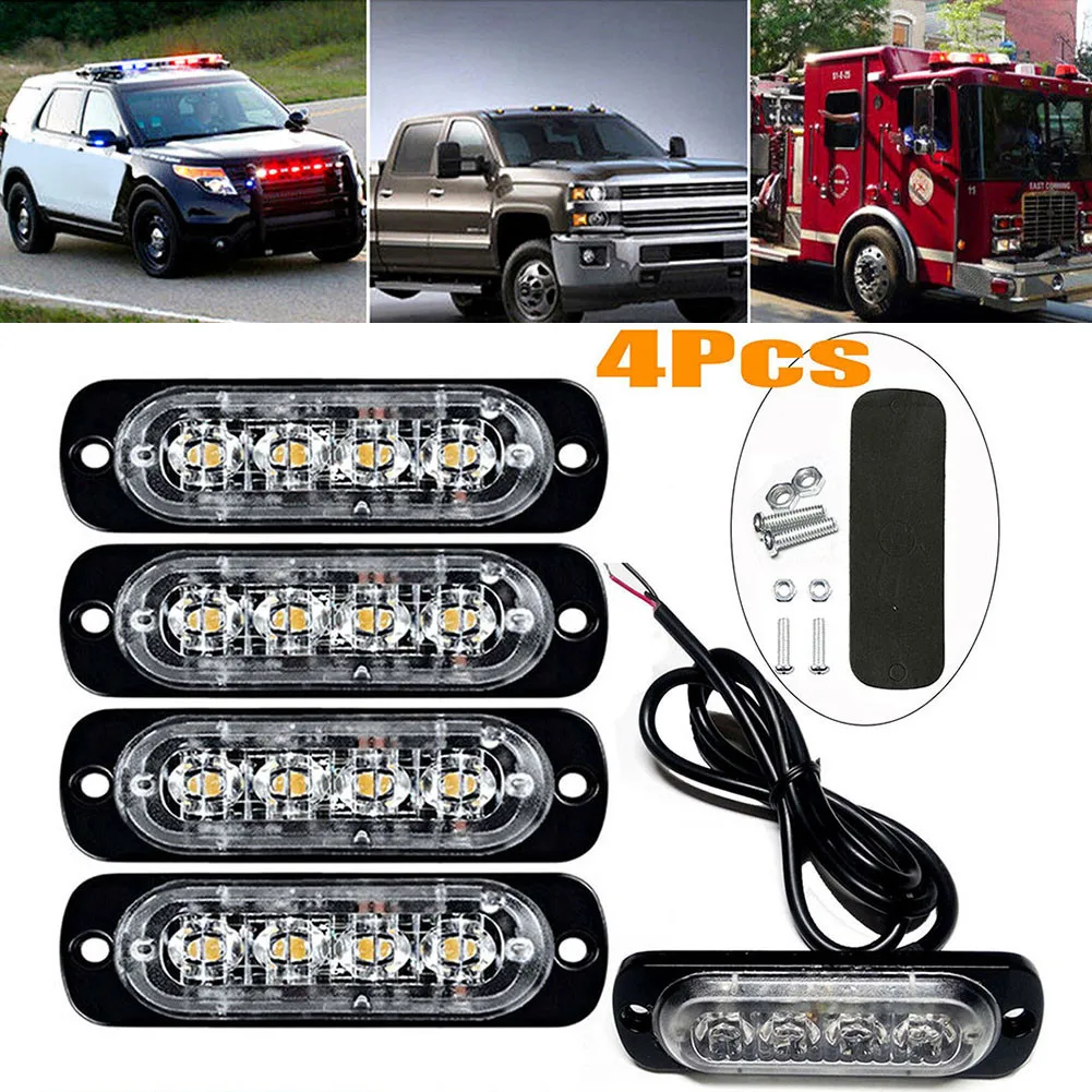 

4Pcs 4 LED Car Urgent Light Amber Grille Light Lightbar Truck Van Off-Road Car Urgent Fog Light Lamp 12-24V Car Beacon Lamp