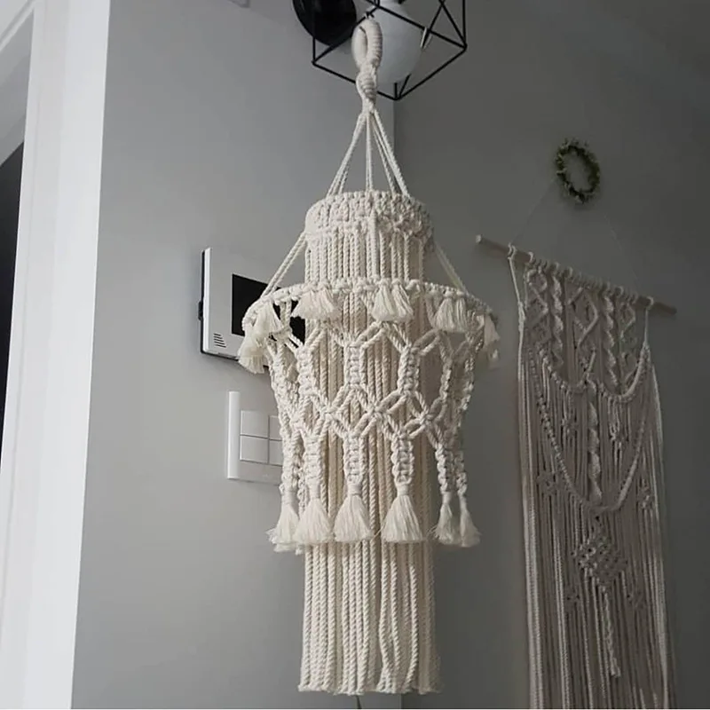 

Homestay cotton yarn hand-woven hanging lamp shade chandelier cover room circular hanging pendant tapestry boho decor macrame
