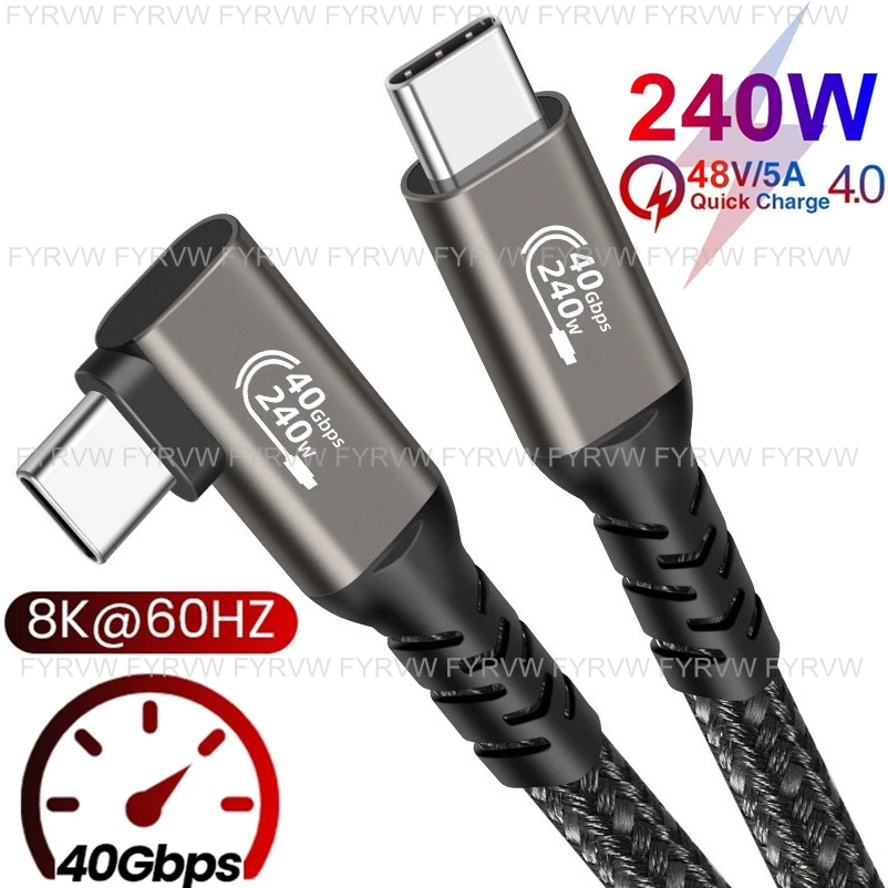 

USB4 Cable Elbow 240W Thunderbolt4 40Gbps USB C 4K Video Cable Fast Charger For M1 Macbook Pro Hard Disk USB4.0 Gen3 Data Cable