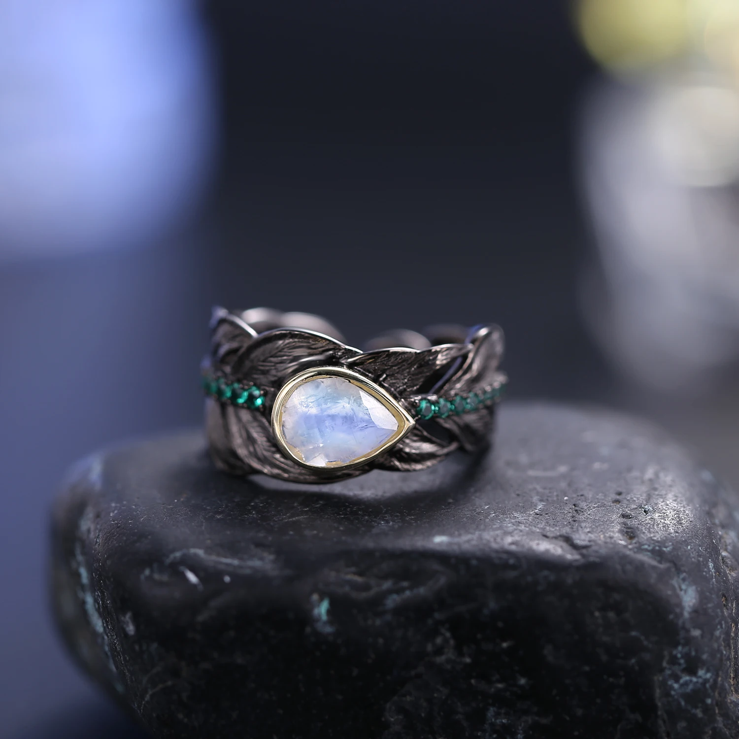 

GEM'S BALLETMilky Blue Moonstone Gemstone Handmade Ring Sterling Silver Adjustable Feather Ring Gift For Her June Birthstone