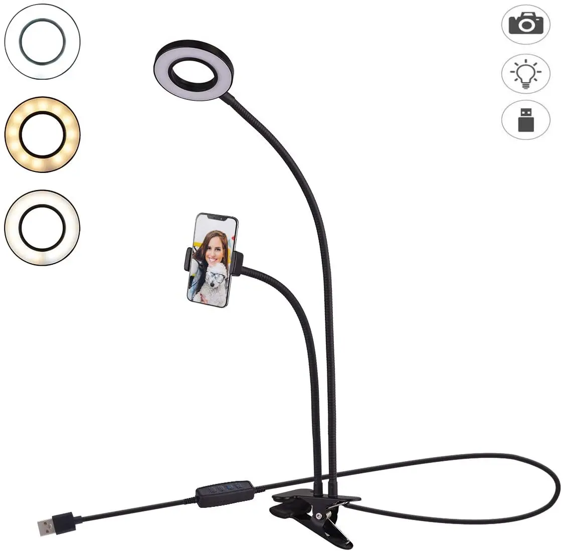 

Tranesca Selfie Ring Light with Cell Phone Holder Stand for Live Stream/Makeup, LED Camera Lighting [3-Light Mode] with