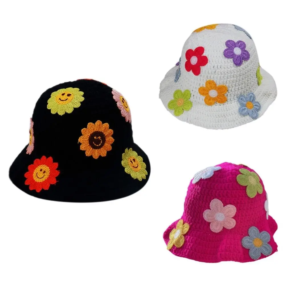 

Cute Crochet Spring Handmade Fisherman Hat Bucket Hats Flower Decor Wide Brim