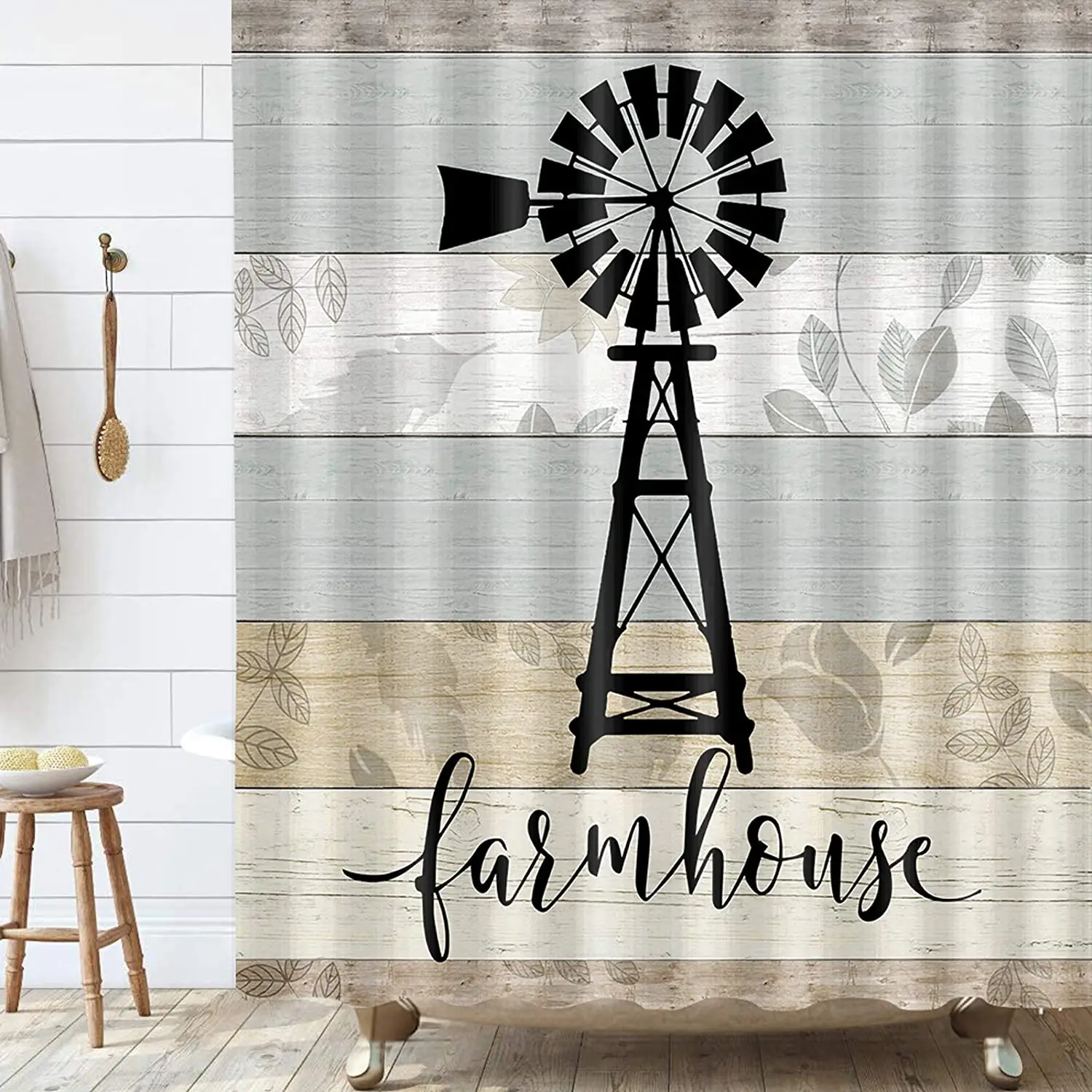 

Farmhouse Shower Curtain Black Windmill Teal Grey Vintage Rustic Country Wooden Plank Bathroom Farm Wood Barn Door Curtains