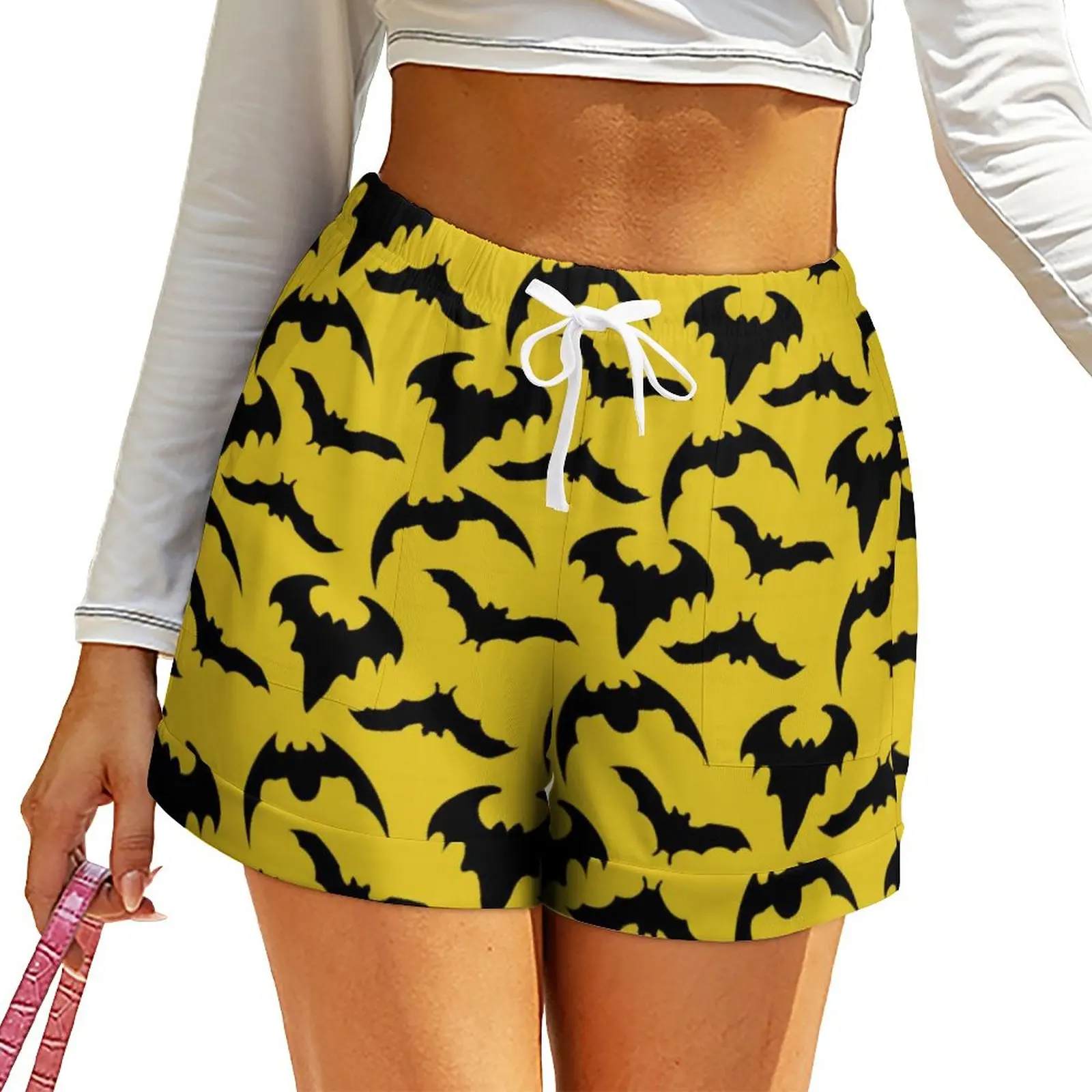 

Gothic Halloween Shorts High Waist Yellow Black Bats Print Shorts With Pocket Summer Elegant Oversize Short Pants Casual Bottoms