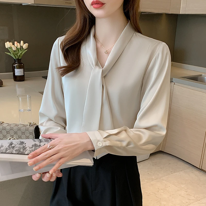 Женская шифоновая блузка с V-образным вырезом длинным рукавом | одежда