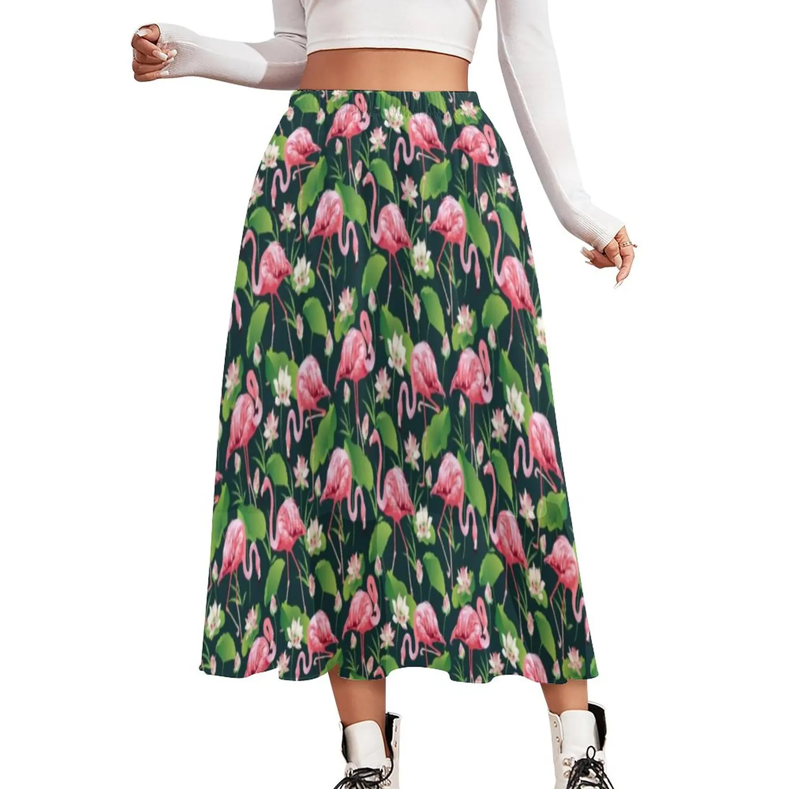 

Tropical Flamingo Birds Skirt Female White Lily Flowers Cute Boho Skirts Custom Elastic Waist Streetwear A-line Skirt Big Size