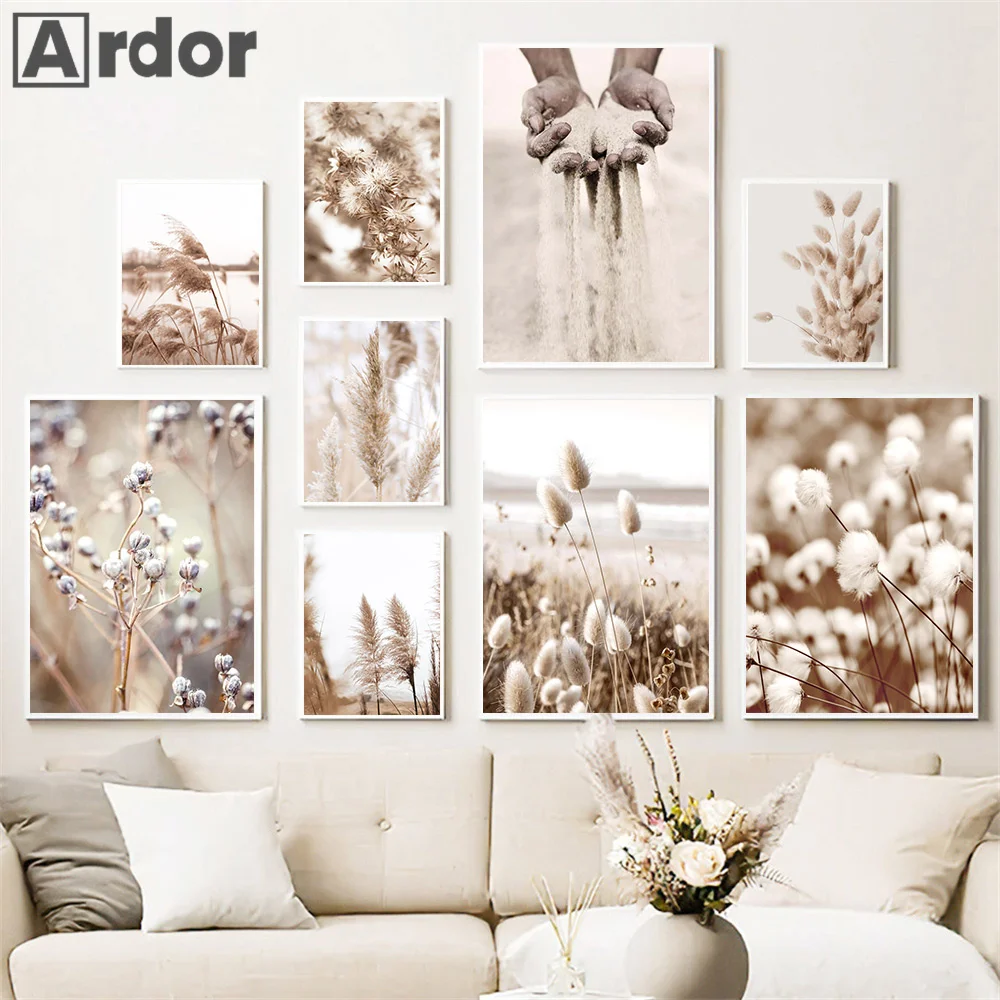 

Beach Reed Beige Dandelion Wheat Hand Sand Flower Wall Art Print Canvas Painting Nature Poster Nordic Pictures Living Room Decor