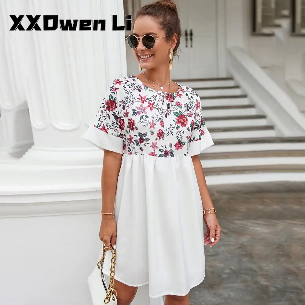 

Woman's Summer Floral Print Splicing Mini Dress Women O Neck Short Sleeve Office Lady Dress 2022 Casual Loose Ladies Dresses