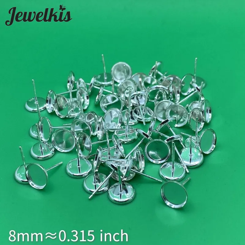 

2/4/6pcs/lot 8mm 925 Sterling Silver Earrings Settings Tray Blank Round Base Cabochon Stud Ear Flat DIY 100% Pure Silver