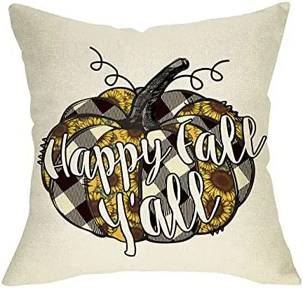 

Happy Fall Y'all Buffalo Plaid Check Pumpkin Sunflower Cushion,Farmhouse Home Decoration Square Harvest Pillowcase for Sofa