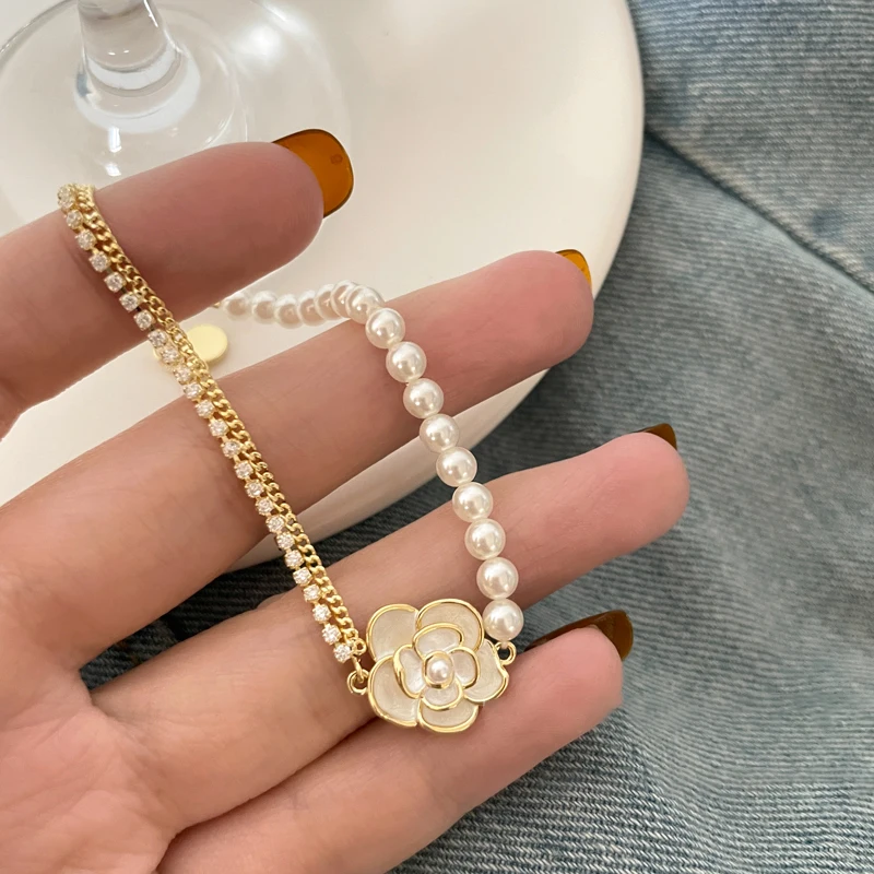 

Drip glaze camellia double layer pearl bracelet female 2023 new tide fashion string light luxury niche senior bracelet