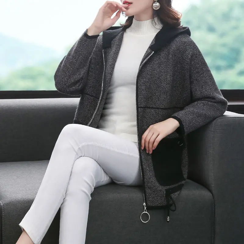 

Women Spring 2021 New Autumn Cardigan Lace-Up Jacket Elegant Coat Loose Black Hooded Outwear Long-Sleeved Tops Jackets Female