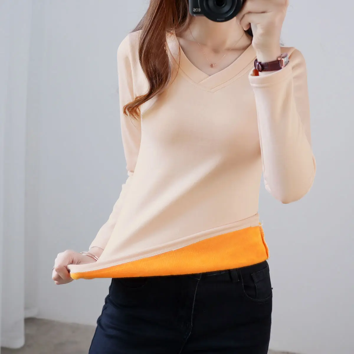 Winter Thermal Underwear Ladies Plus Velvet Thickening V-neck Tight-fitting Heating One-piece Top Bottoming Shirt