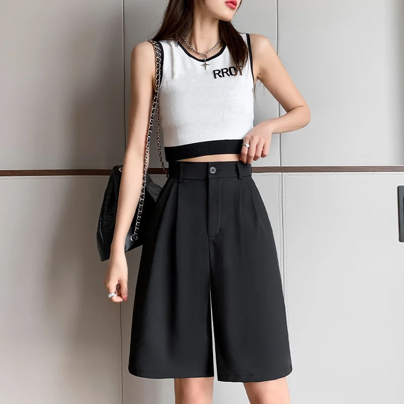 

2023 Summer White Black Suit Shorts Woman High Waist Wide Leg Shorts Women Casual Half Trousers Loose Knee Length Pants Femme