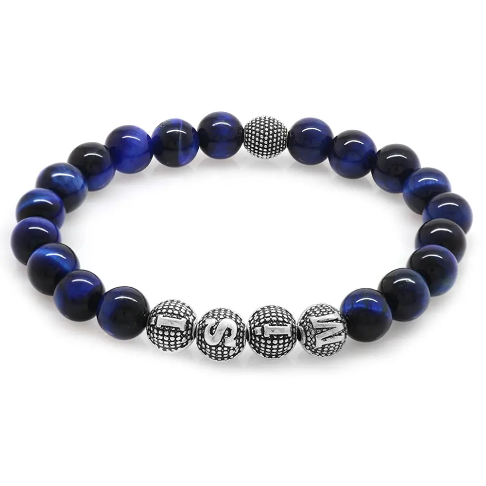 Nipora Blue Tiger Eye Metal Combined Personalized Name Written Sphere Cut Natural Stone Bracelet