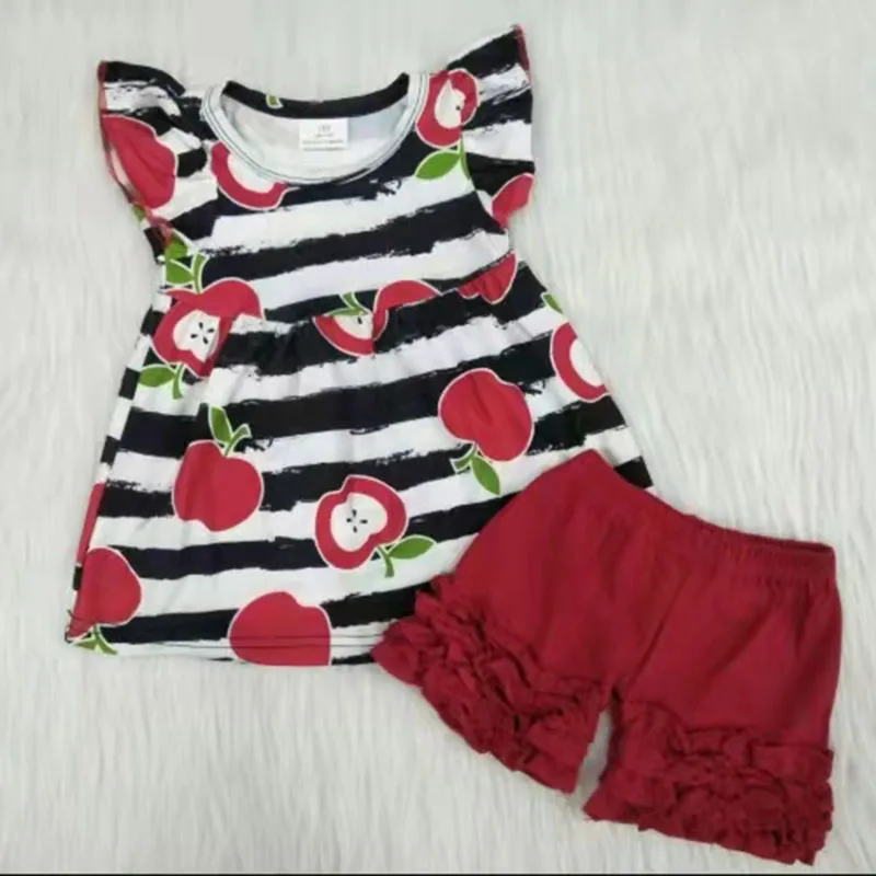 

summer girl clothing set kids clothes boutique cotton children clothes set apple stripe top and solid red shorts outfit