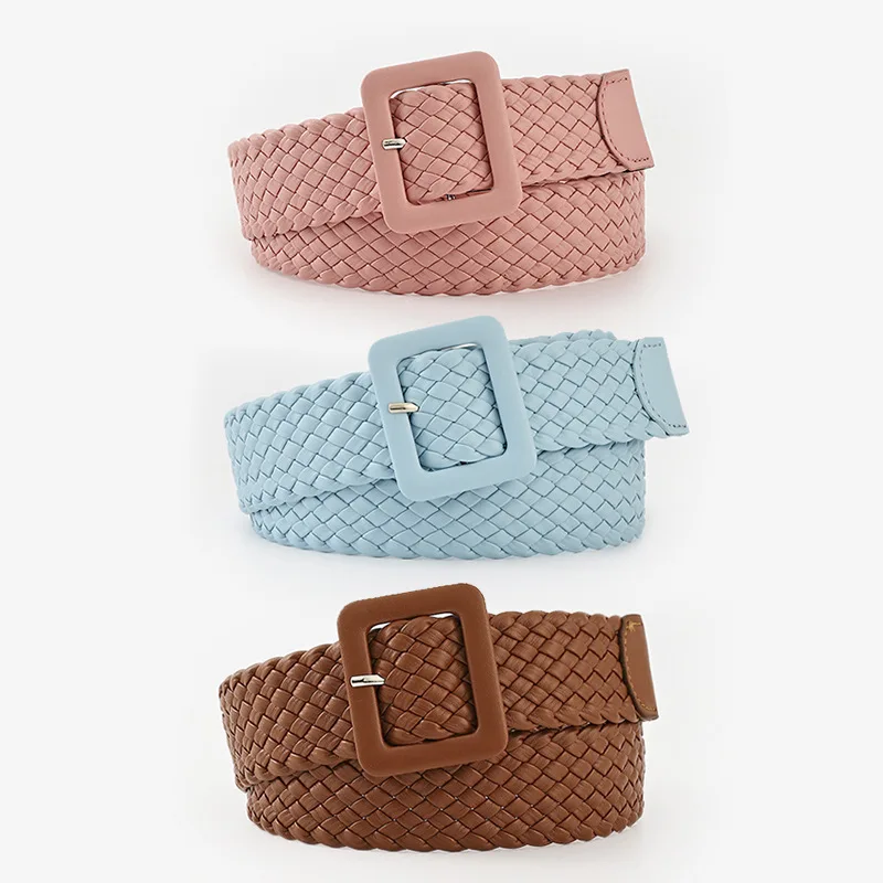 2023 New Candy Color Simple Woven Belt Fashion Korean Version Square Buckle Pin Buckle Belt for Young Women