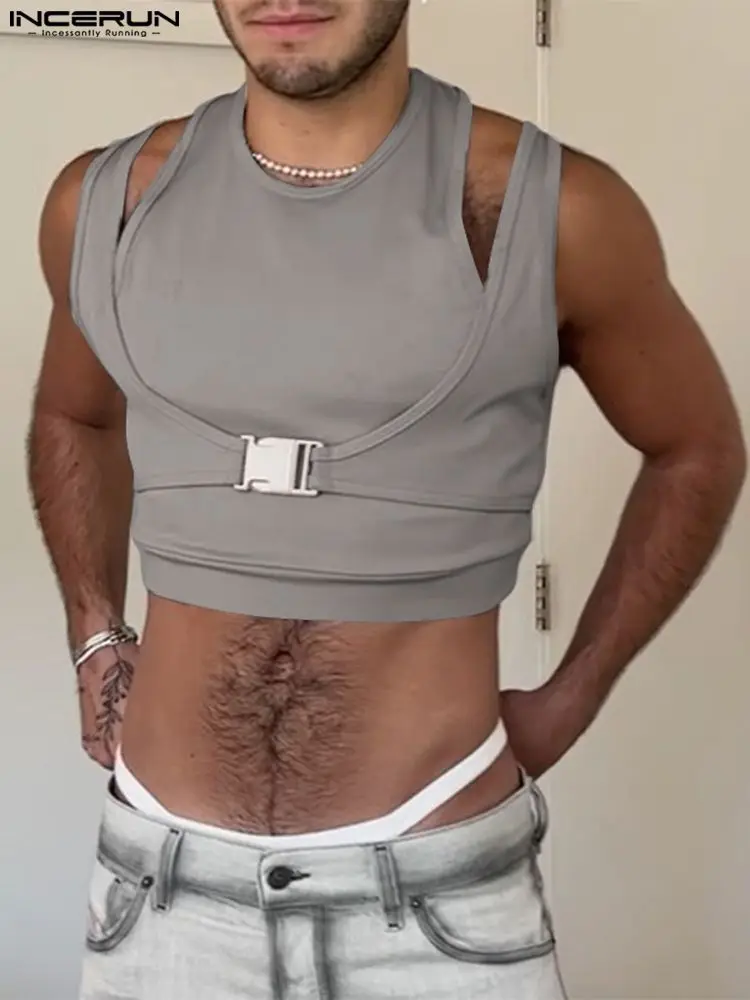 

INCERUN Men Tank Tops Solid Color O-neck Sleeveless Summer Hollow Out Irregular Crop Tops 2022 Sexy Streetwear Button Vests 7