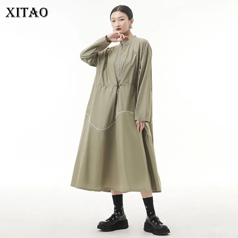 

XITAO Women Solid Color Dress Fashion Drawstring Full Sleeve Casual Style Small Fresh 2022 Spring Loose Dress WMD4883