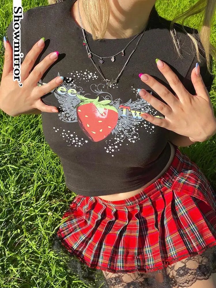

Showmirror Harajuku Women Short Sleeve T-Shirt Cropped Top Latter Print Vintage Black Printed Crop Tee Ladies Gothic Y2K Tops