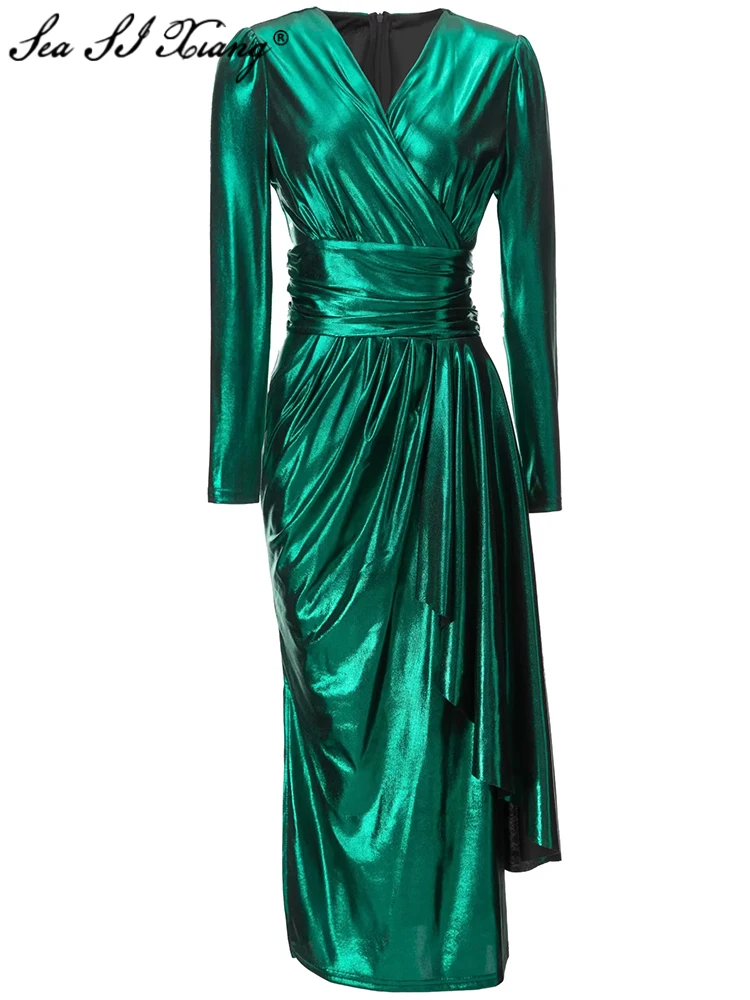 

Женское асимметричное платье Seasixiang, дизайнерское однотонное офисное платье с V-образным вырезом, длинным рукавом, складками и оборками на осень