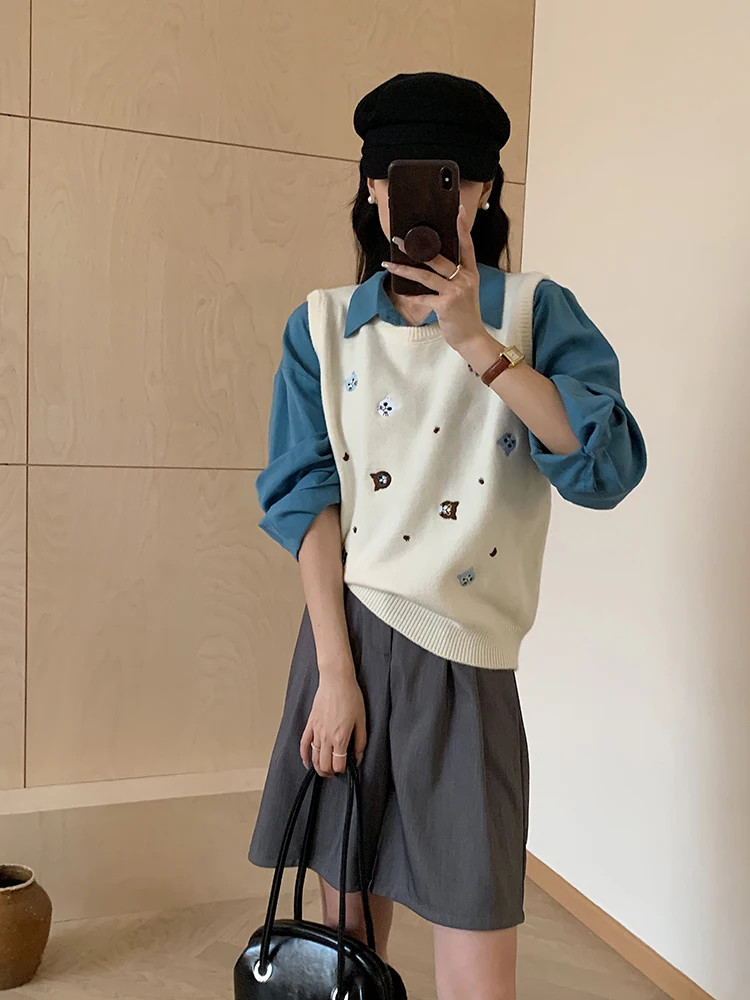 Японский модный свитер с милым котенком и вышивкой жилет женский осенний новый