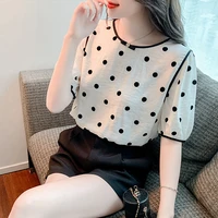 2022 french fashion o neck short sleeve shirts for women chiffon office lady polka dot thin summer blouses for girls casual tops