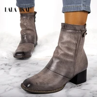 lala ikai women winter leather grey ankle boots square toe med heel zipper ladies bootie 2022 shoes plush