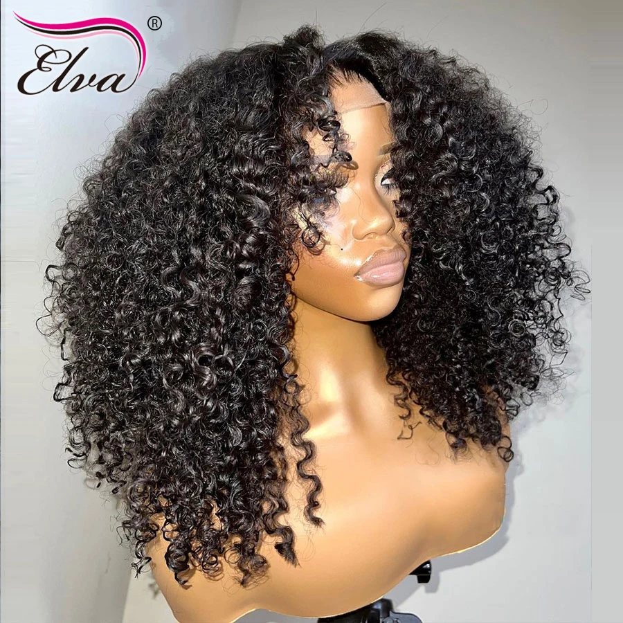 

13x6 Malaysian Kinky Curly Lace Front Human Hair Wigs For Women Elva Remy Hair Transparent Lace Frontal Wig Pre Plucked Hairline