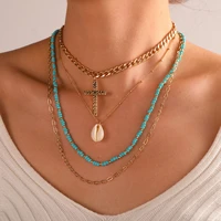 simple tassel shell seed beads strand necklace women string beaded short choker multi layer necklace gold cross jewelry gift
