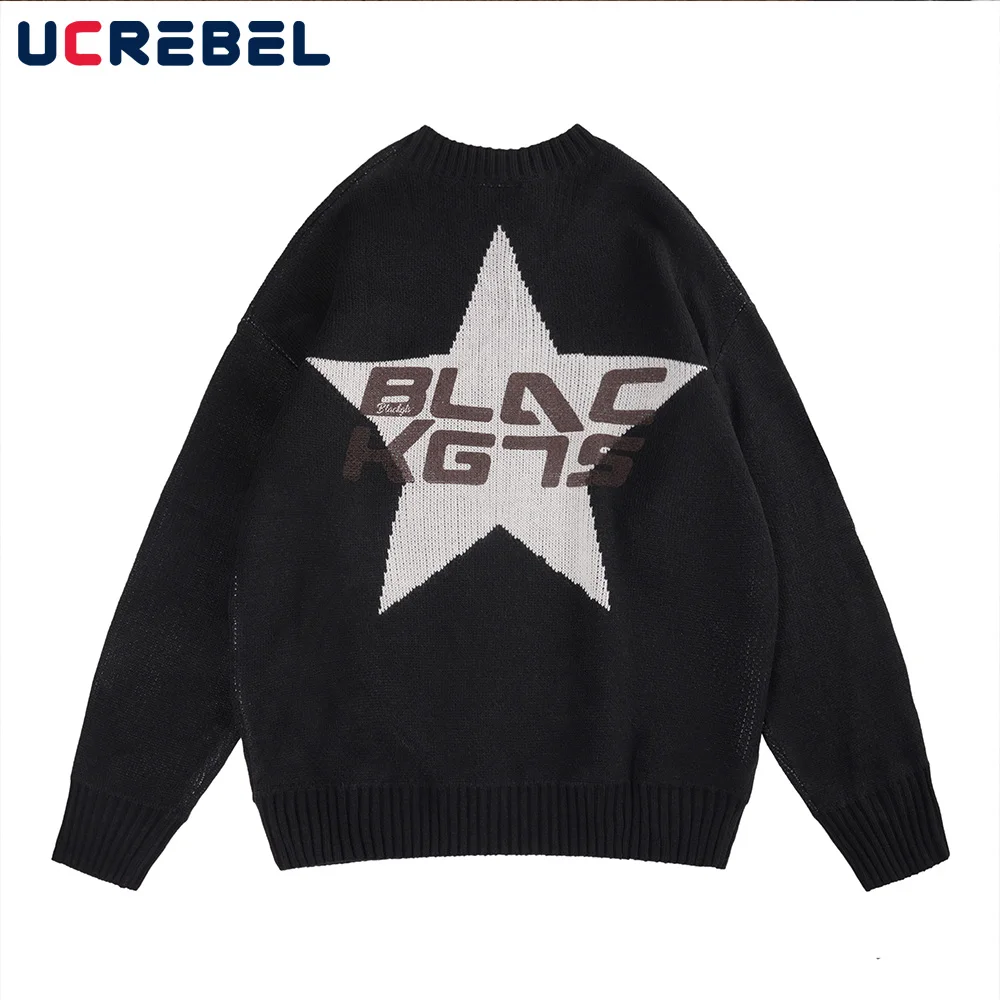 

Five-pointed Star Jacquard Long Sleeve Pullover Mens Autumn Letter Shoulder Drop Loose Sweater Round Neck Casual Knitted Sweater