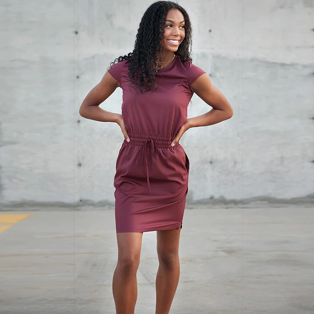 

Summer Burgundy Ladies Casual Solid Color Lace Up Sport Dress Fashion Beach Dress Boho Pullover Mini Dress Vestidos Mujer Verano