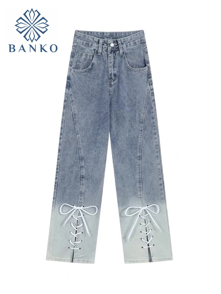 

Y2k Slit Bandage Jeans Women Sexy Slim Streetwear High Waist Denim Pants Summer Harajuku Gradient Chic All-Match Casual Trousers