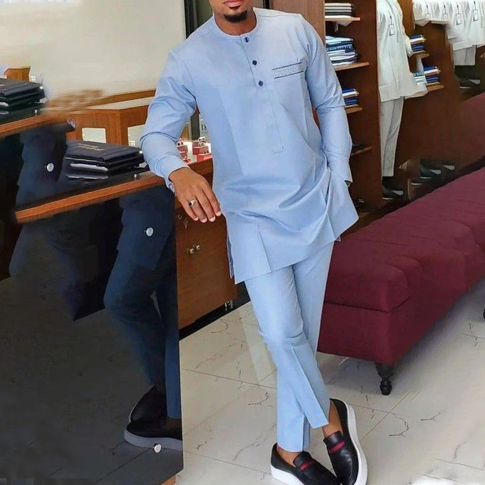 2023 Dashiki New Men's Clothing Geometric Print Long Sleeve Shirt Pants Suit Wedding Groom Dress Ball Handsome Slim Men's Suit