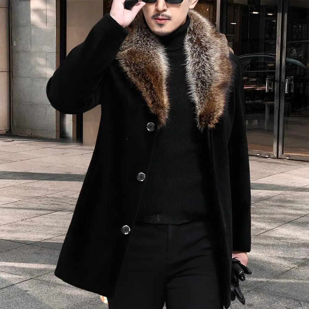 

Stylish Men Woolen Jacket Autumn Winter Faux Fur Collar Man Thick Buttons Windbreaker Woolen Jacket Men Windbreaker Keep Warm