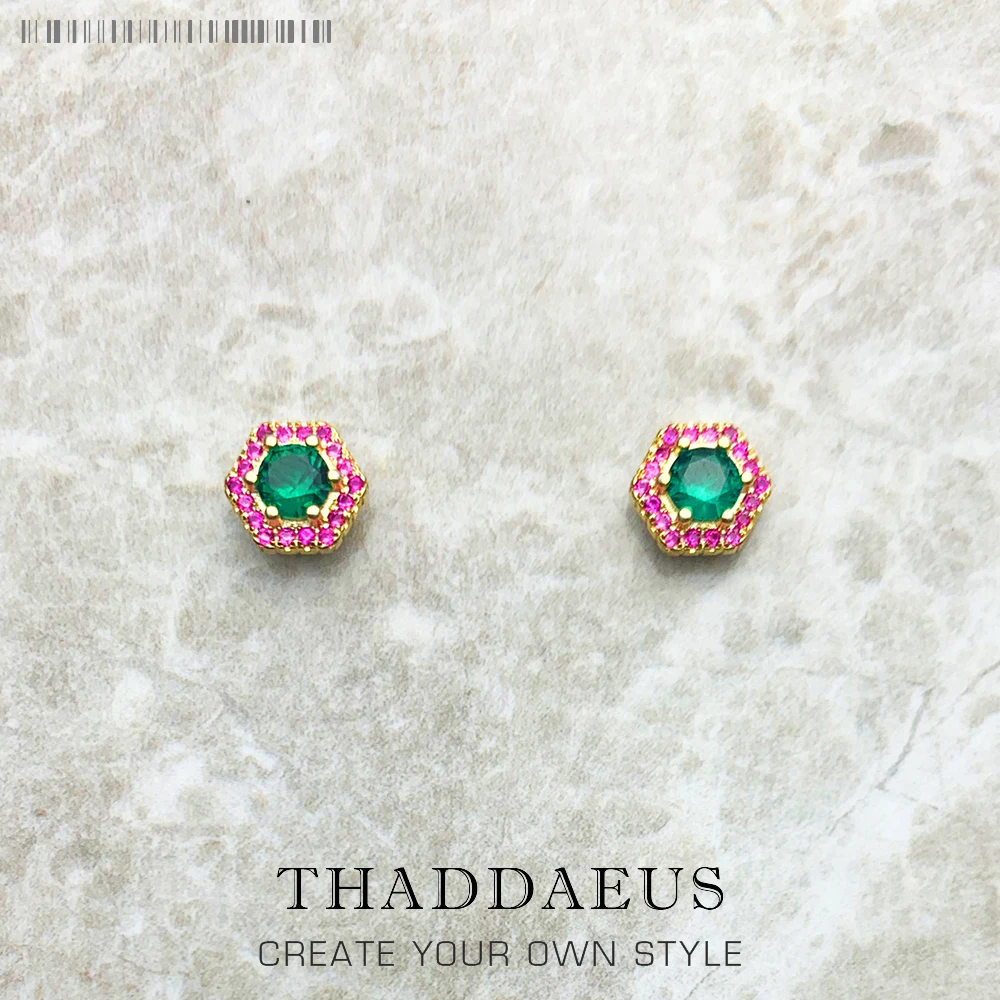 Studs Earrings Hexagon Green,Europe Yellow Gold Color Hand-set Jewelry For Women Playful Look Gift 925 Sterling Silver