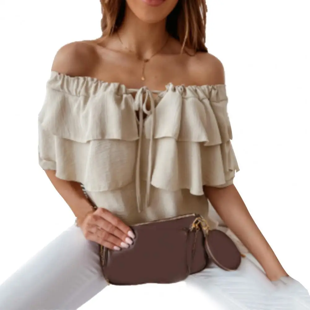 

Women Blouse Drawstring Collar Layered Ruffle Stitching Crafts Off Shoulder Lantern Long Sleeve Pullover Top Female Clothing