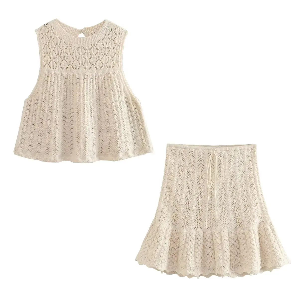 

Set Women 2 Pieces 2023 New Fashion Jacquard Mesh Knitting Tops Vintage Mesh Jacquard Mini Skirt Female Chic Tops