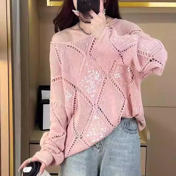 Dimanaf 2024 женские осенние свитера с блестками лоскутная ватная вязка свободный