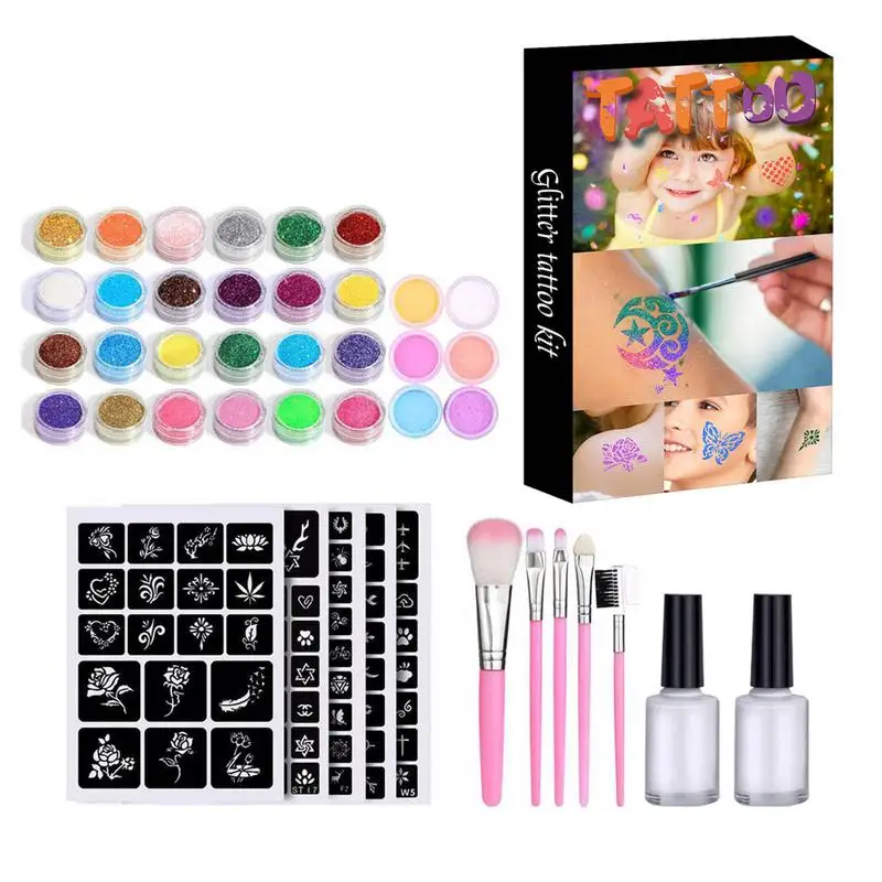 

30 Colors Set Waterproof Glitter 5 Brushes 2 Glues Kit For Temporary Tattoo Kids Face Body DIY Decoration Art
