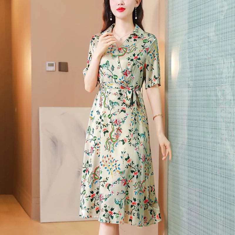 2023 new V-neck retraction waist floral dress female summer show thin skirt temperament large size