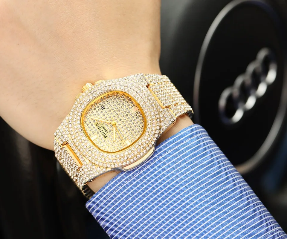 

PINTIME Fashion Men Women Diamond Bling Iced Out Gold Watch Luxury Quartz Casual Dress Business Wrsitwatches Gift Clock Montre