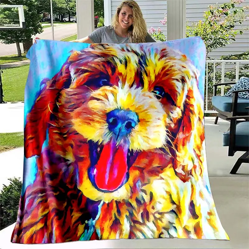Cute Dog Painting Flannel Throw Blanket Colourful Dog Art Pattern Blanket for Bed Sofa Couch Super Soft Lightweight King Size