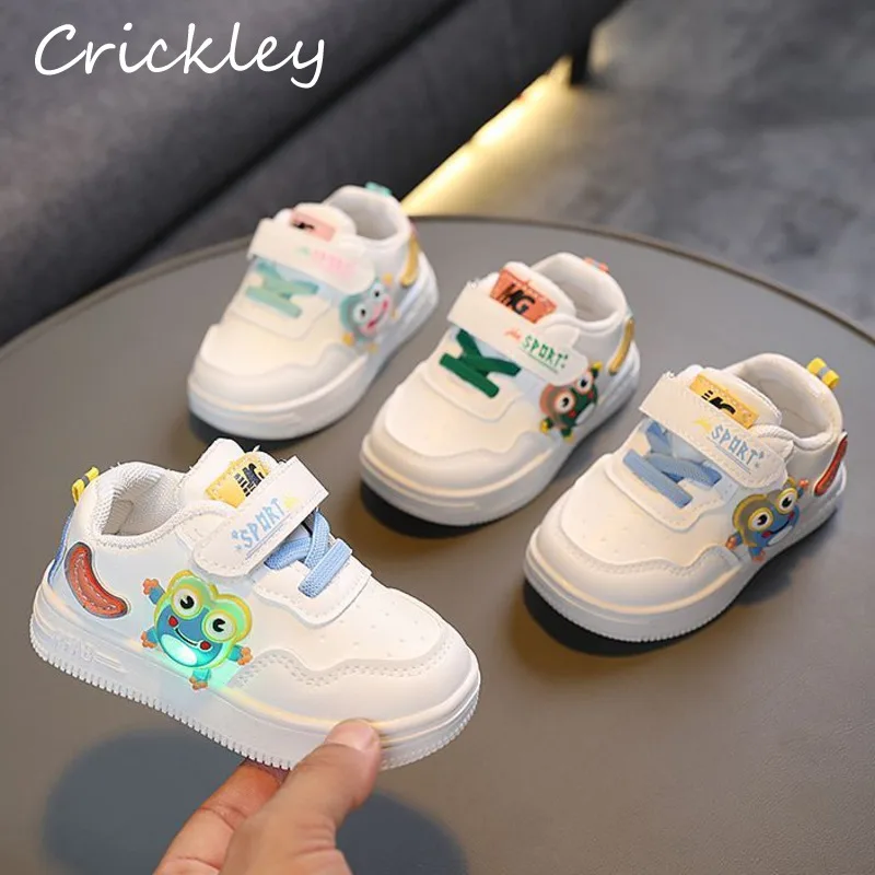 

New Light Up Baby Girls Boy's Casual Shoes LED White Sneakers For Children PU Soft Bottom Hook Loop Toddler Kids Sport Shoes