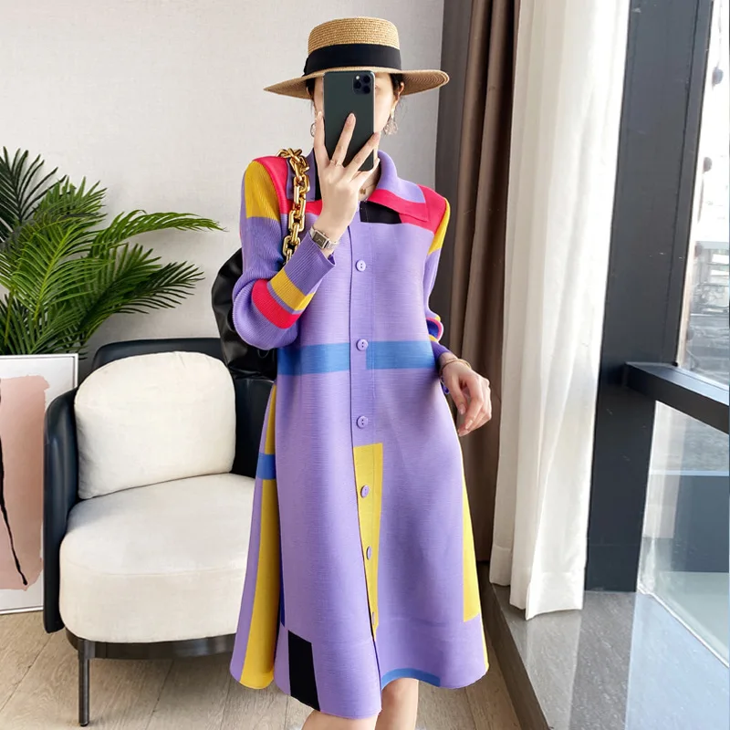 

CHP woman dress Miyake Pleated Fashion Splicing Loose Large Size Turn-down Collar Long sleeve High Street Knee-Length Dresses