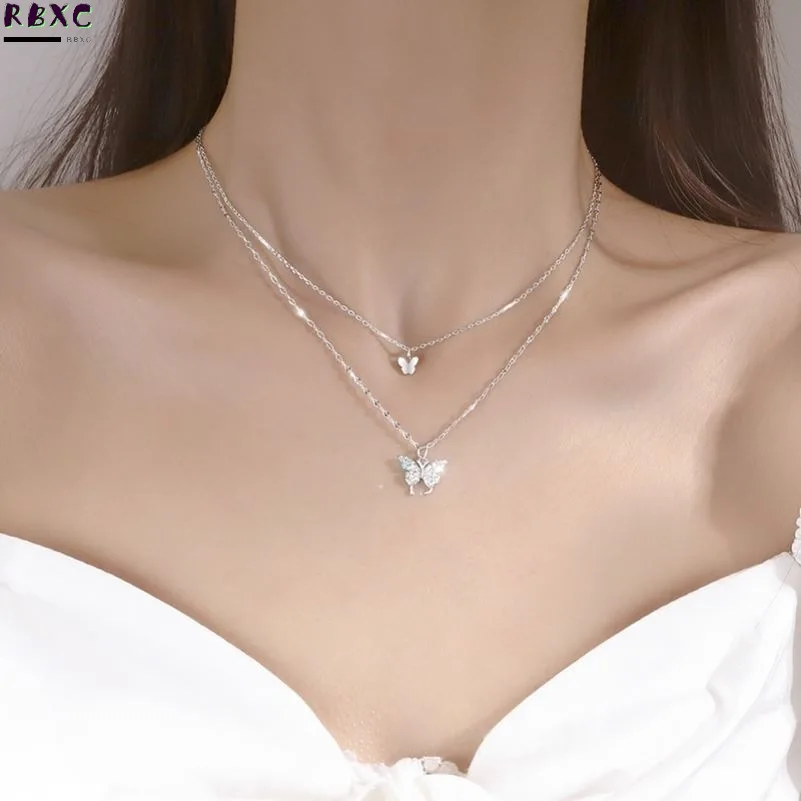 

New butterfly double-layer Necklace women's simple temperament minority design 2022 pure silver light luxury fairy chain summer