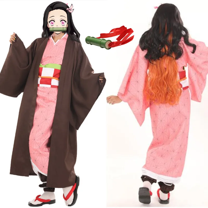 

Demon Slayer women Kamado Nezuko costume sister pink dress with cape full sets role play costumes wig