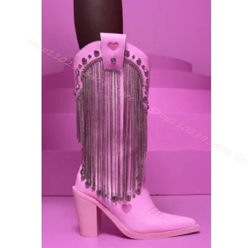 

Tassel Style Crystal Decor Boots Slip on Chunky High Heels Pointed Toe Roman Style Women Autumn Shoes 2023 Zapatos Para Mujere
